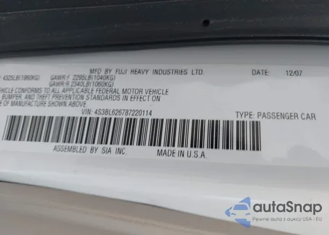 2008 Subaru Legacy 2.5I Limited z USA, uszkodzony, nr VIN 4S3BL626787220114